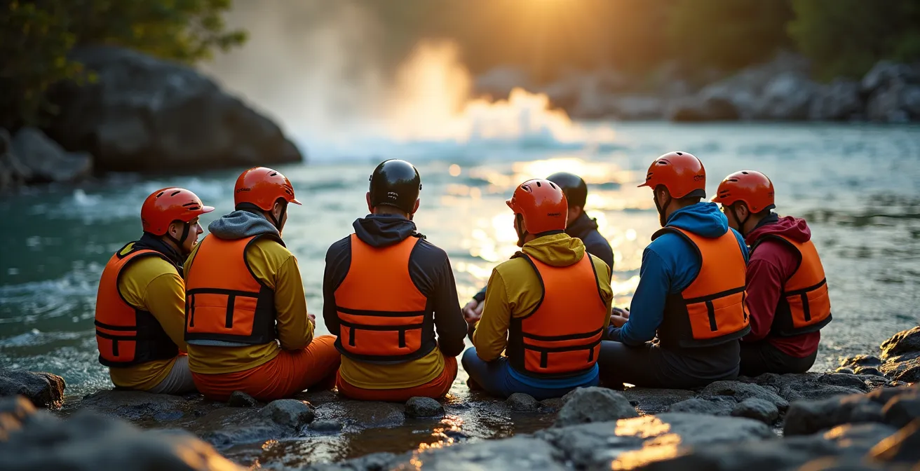 Groupe de kayakistes en cercle écoutant un briefing de sécurité au bord de la rivière