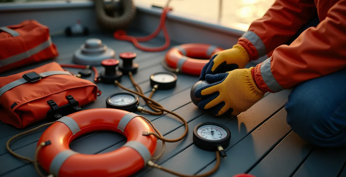 Matériel de sécurité nautique aligné sur le pont pour inspection annuelle
