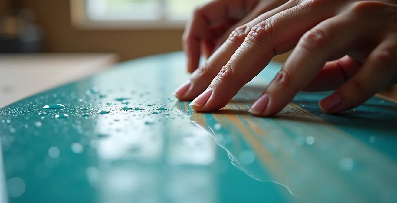 Gros plan sur les mains inspectant les détails d'un paddle avec focus sur la valve et les coutures