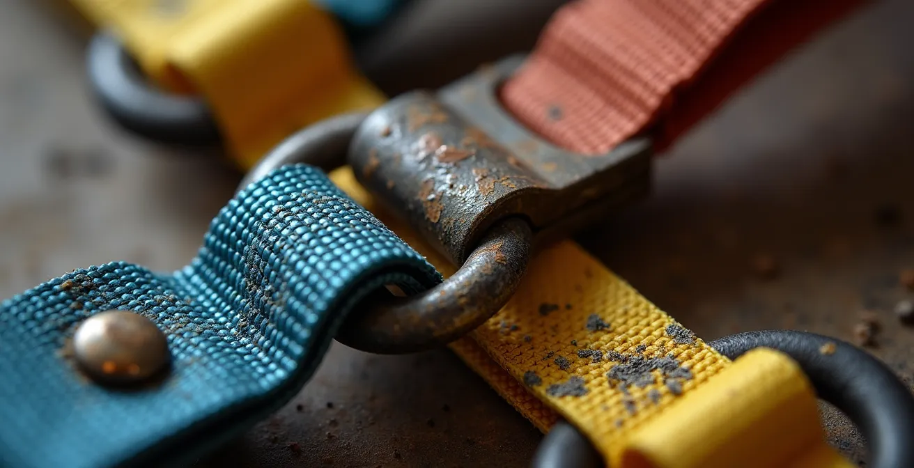 Inspection détaillée des points d'usure sur un harnais de gilet de sauvetage