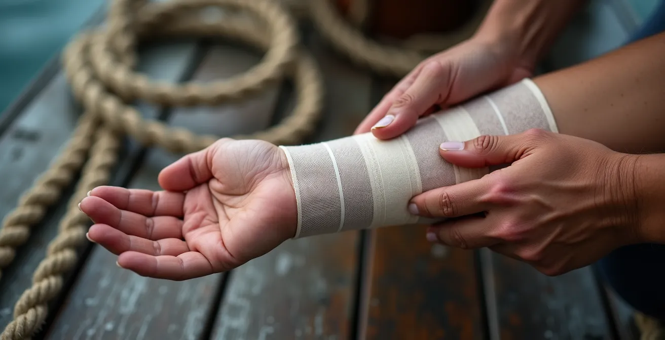 Application d'un pansement compressif sur une plaie en environnement maritime