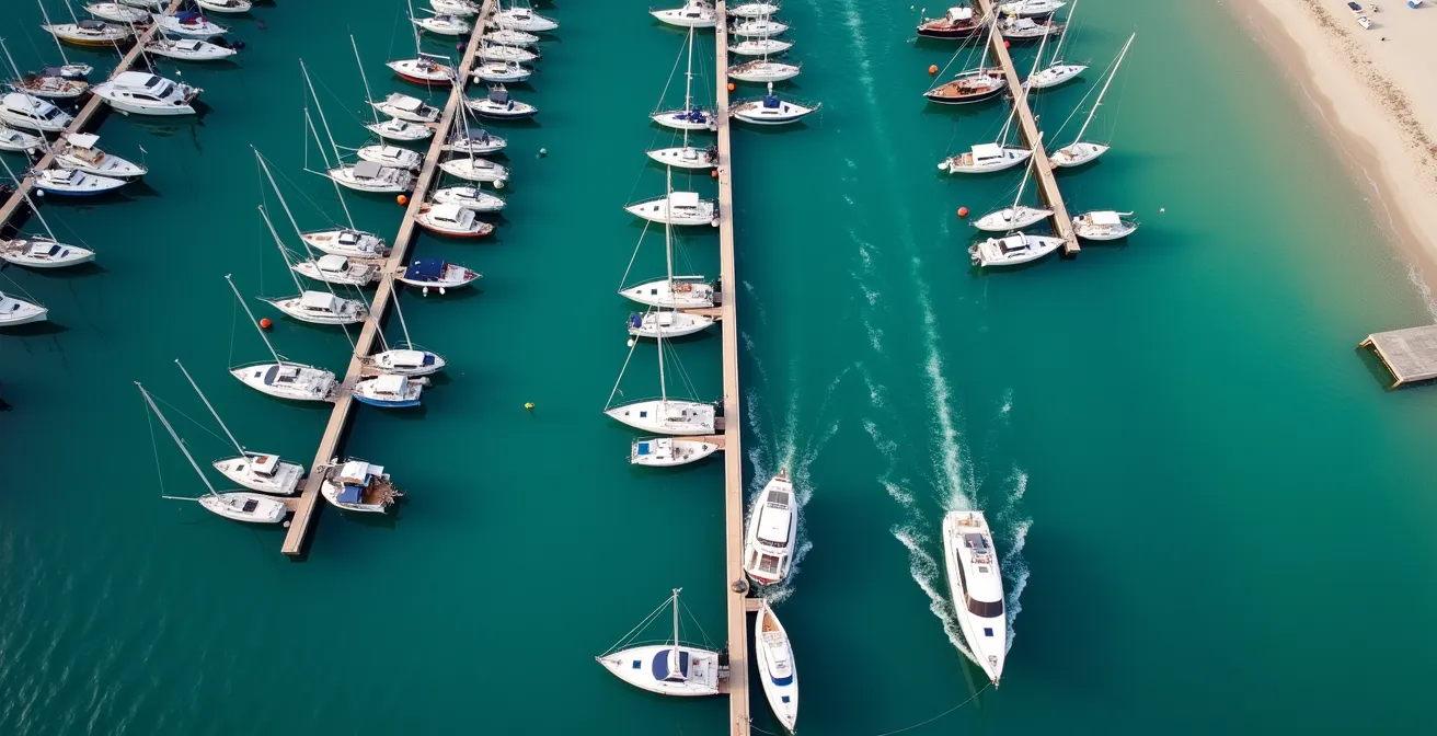 Vue aérienne d'un port avec plusieurs voiliers aux coffres