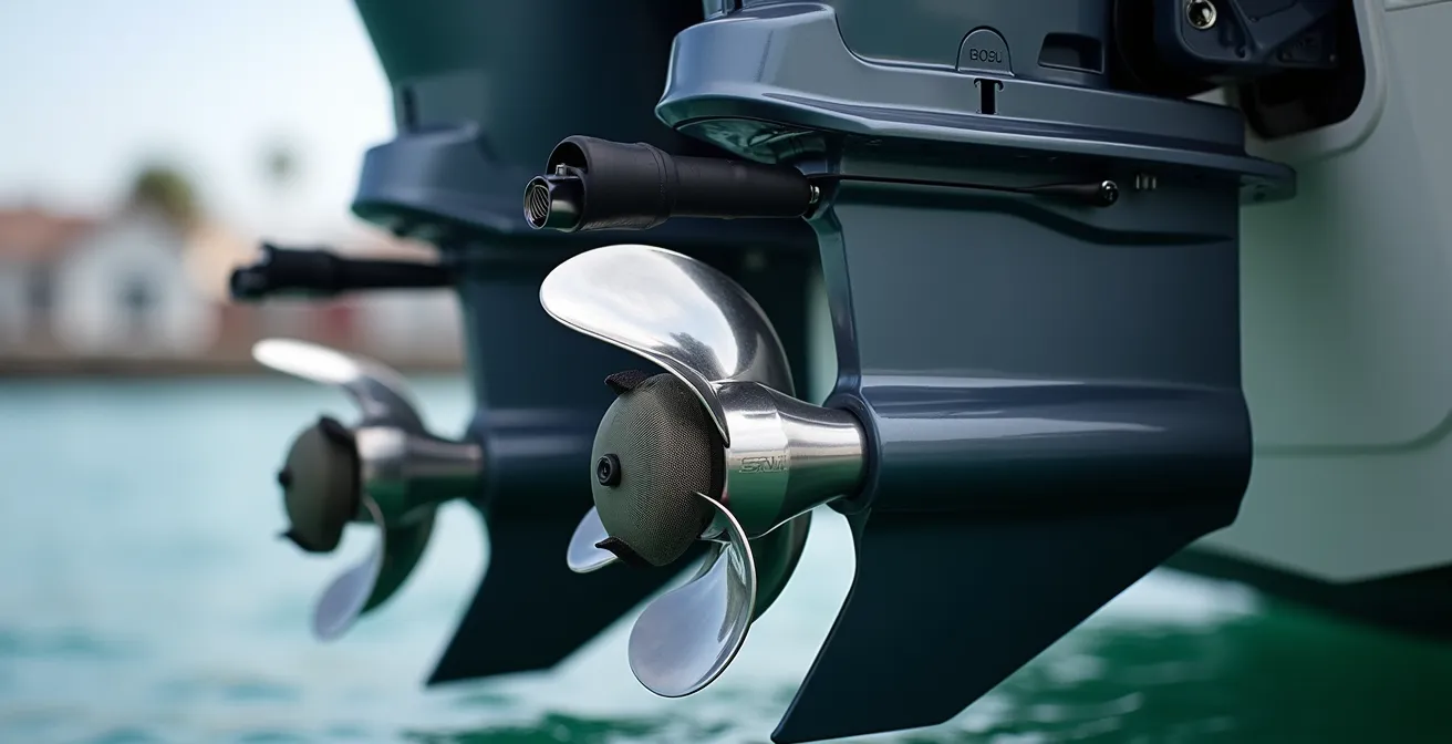 Vue arrière d'un catamaran avec moteurs hors-bord relevés pour maintenance