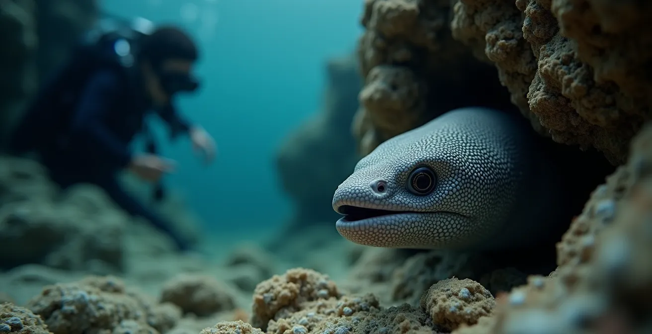Murène sortant paisiblement de sa cavité rocheuse avec un plongeur observant à distance
