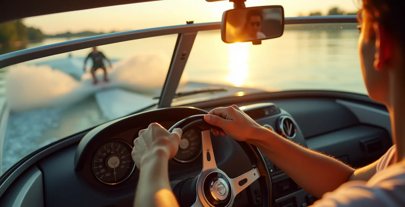 Vue arrière d'un pilote de bateau concentré avec rétroviseur grand angle montrant le skieur