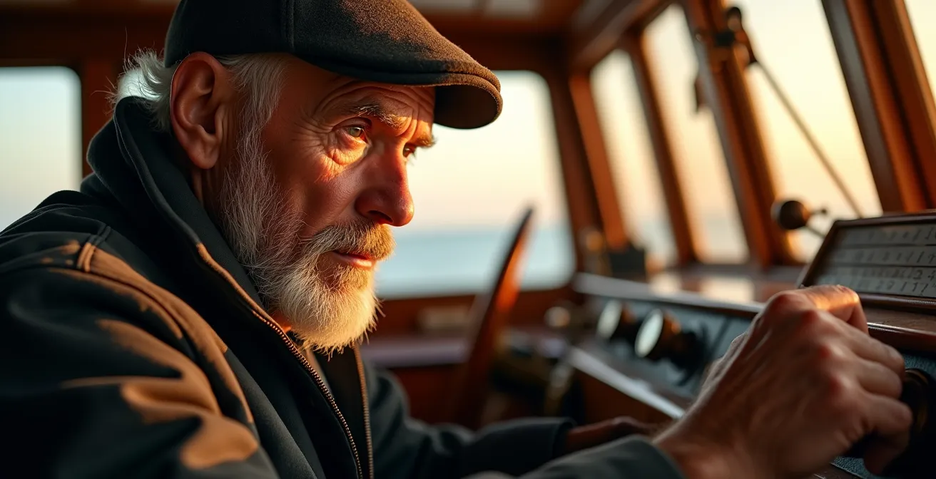Skipper concentré écoutant attentivement sa VHF dans la timonerie au coucher du soleil