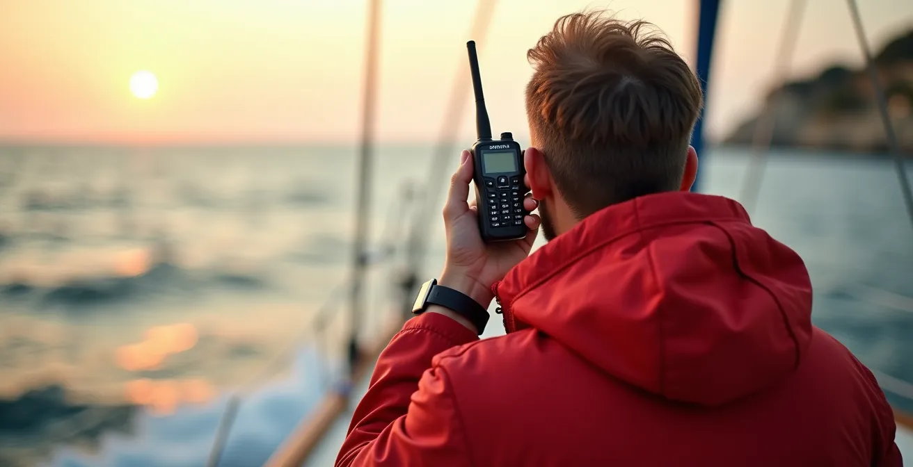 Navigateur utilisant une VHF portable dans le cockpit d'un voilier