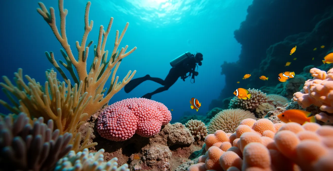 Plongeur débutant admirant un récif corallien coloré avec des poissons tropicaux