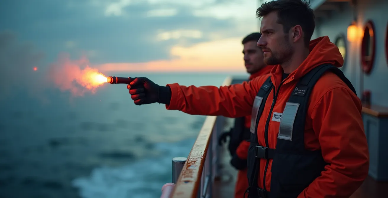 Marin en position de sécurité pour percuter une fusée de détresse sur un bateau