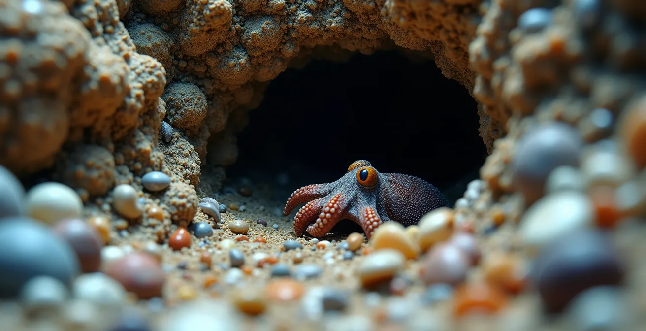 Détail macro d'un amas de coquillages vides devant l'entrée d'un terrier de poulpe
