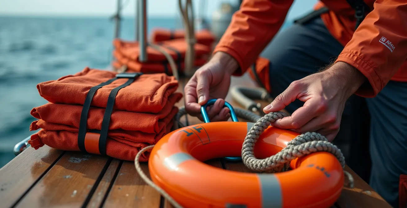 Équipement de sécurité maritime soigneusement organisé sur le pont d'un voilier