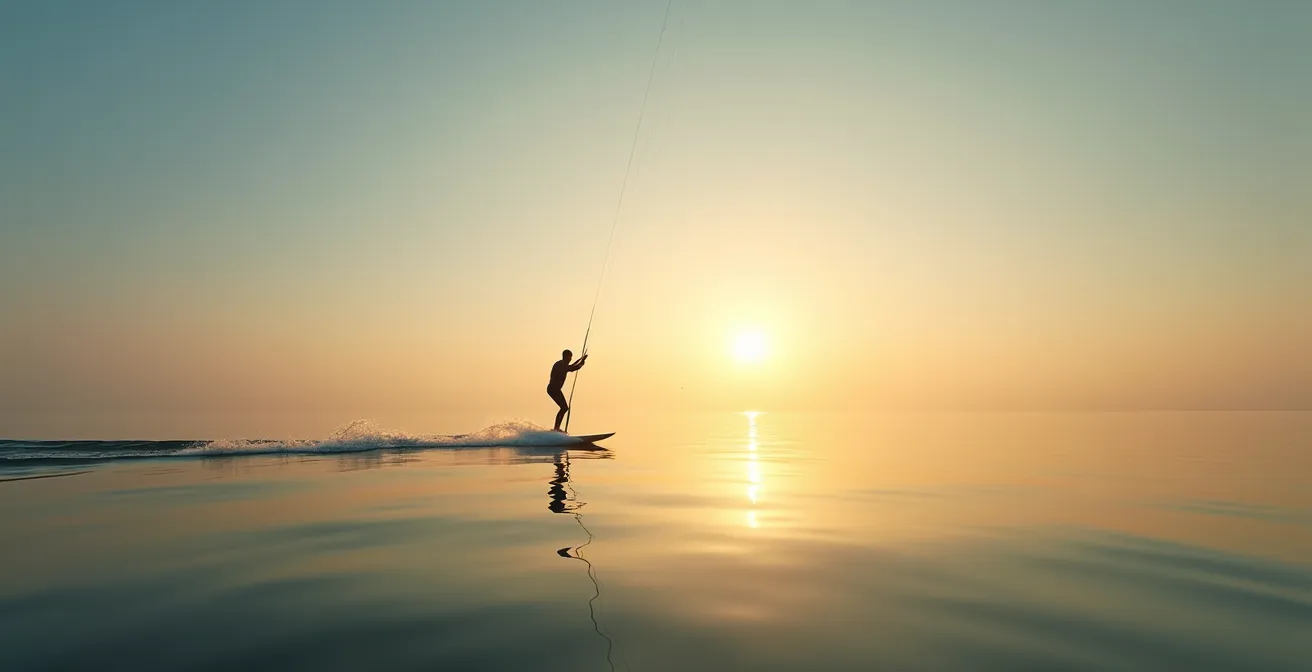 Kitesurfeur en foil glissant au-dessus de l'eau dans une lumière dorée