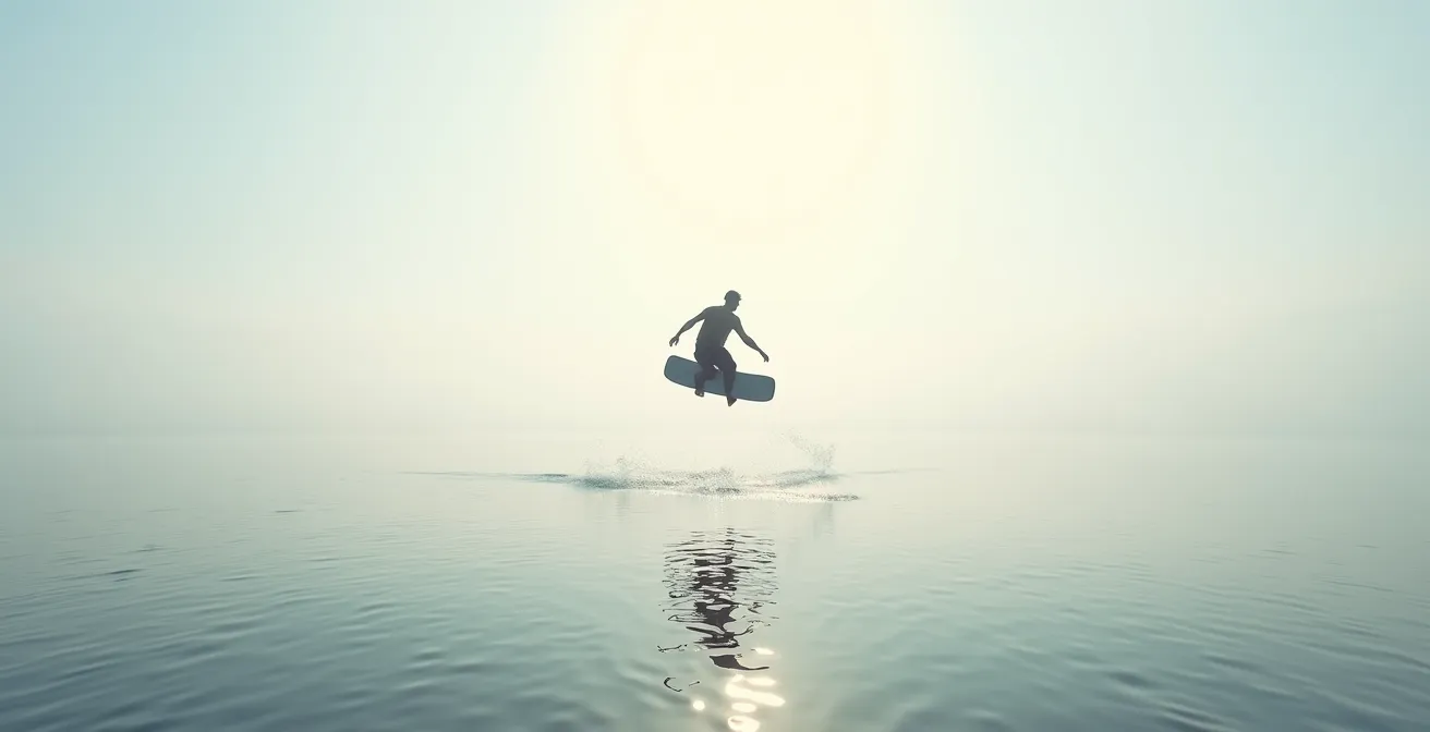 Vue latérale d'un pratiquant de wakeboard en pleine chute contrôlée au-dessus de l'eau avec effet de ralenti