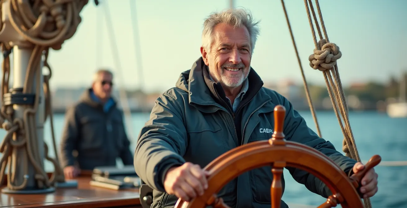 Skipper concentré à la barre durant une manœuvre délicate