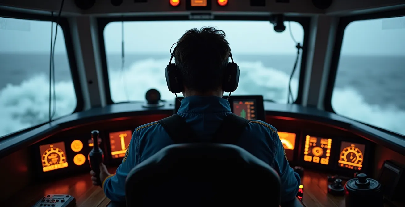 Skipper dans le cockpit d'un trimaran face à la mer agitée
