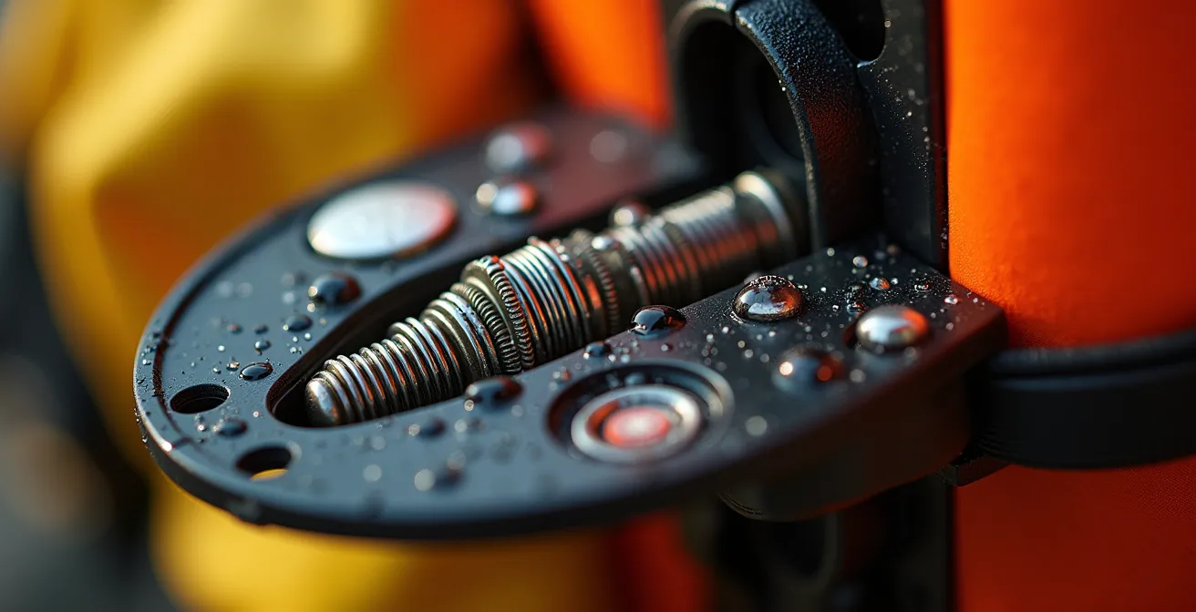 Mécanisme de déclenchement d'un gilet autogonflant en gros plan