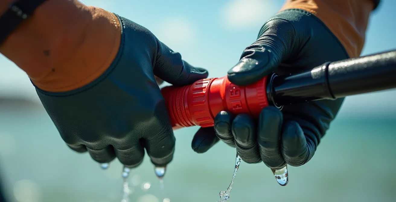 Gros plan sur les mains d'un kitesurfeur actionnant le système de largage de sécurité