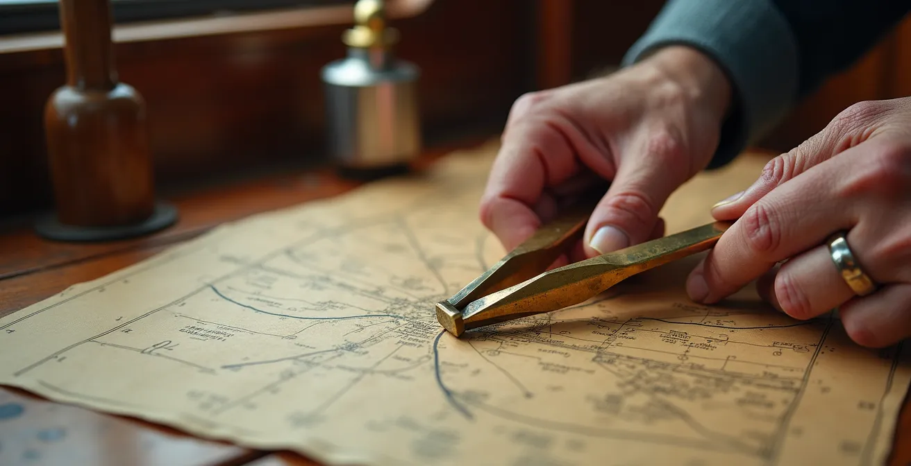 Gros plan sur des mains traçant une route sur une carte marine