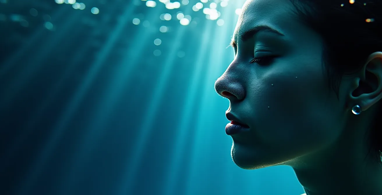 Plongeur en apnée en position de méditation sous l'eau avec bulles d'air