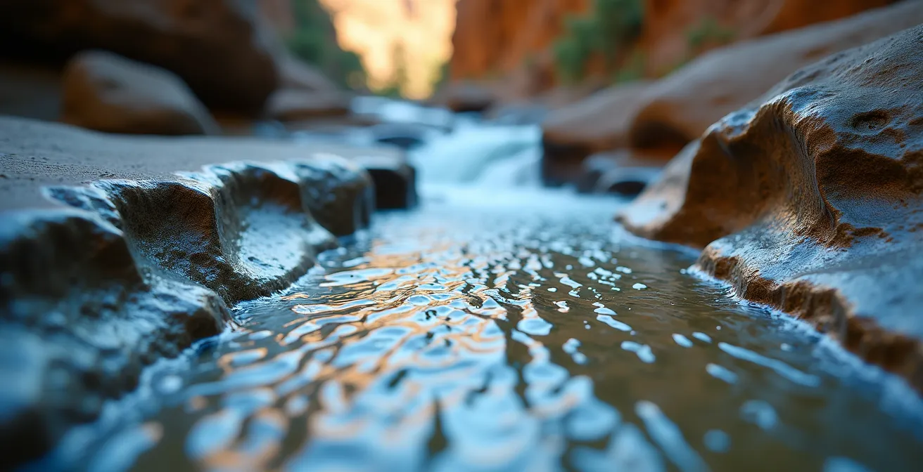 Gros plan sur une roche polie formant un toboggan naturel avec l'eau qui s'écoule
