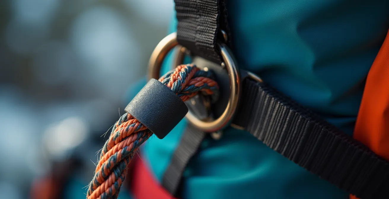 Vue macro détaillée montrant la connexion entre les bouts de harnais et le wishbone avec effet de profondeur de champ