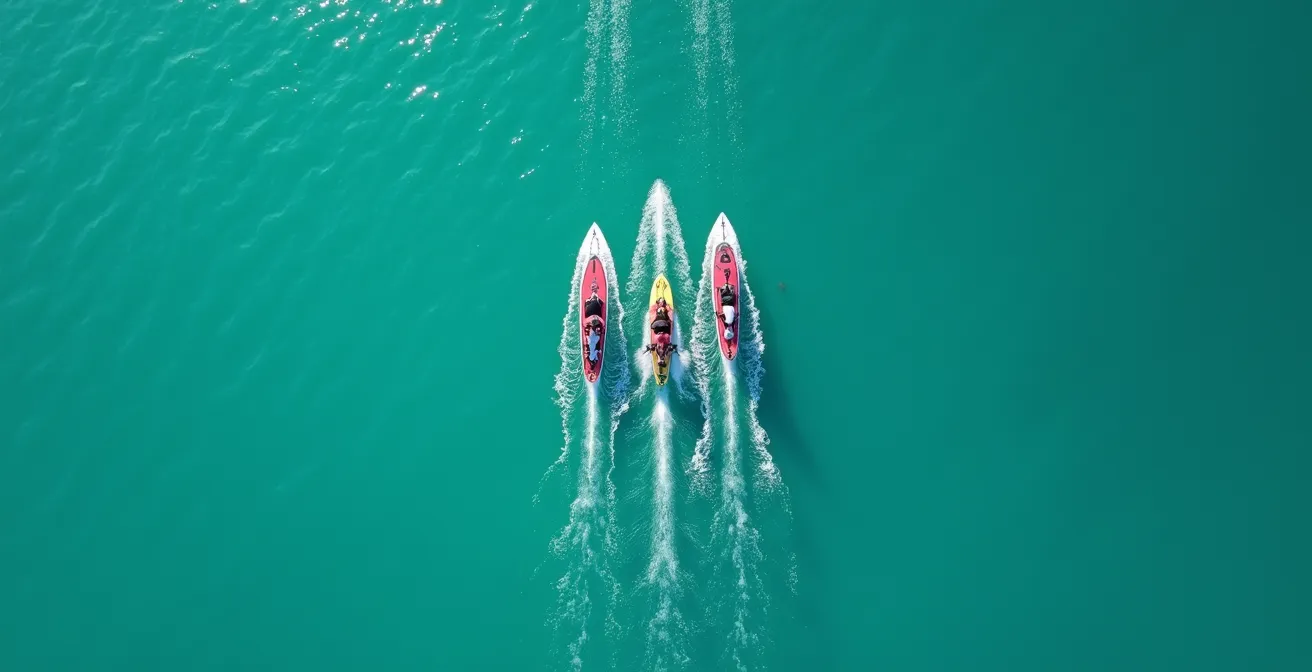 Vue aérienne montrant trois pratiquants de windsurf, kitesurf et SUP évoluant en parallèle