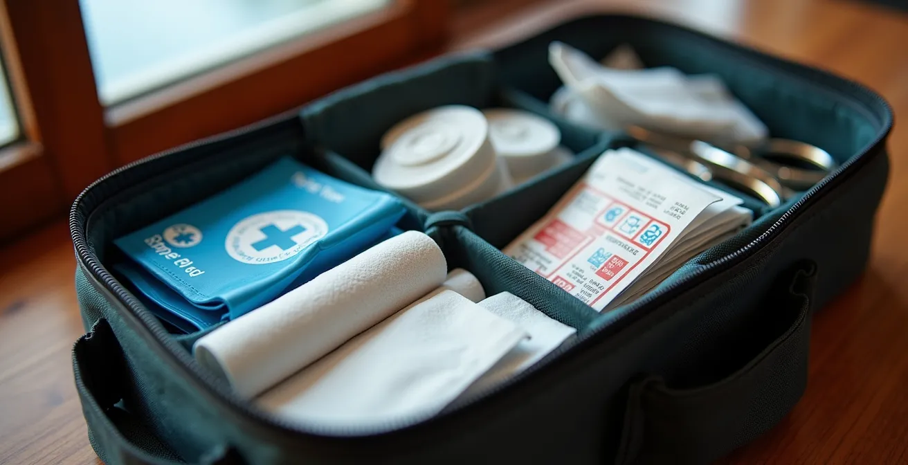 Trousse de secours maritime ouverte avec compartiments organisés sur une table en bois de bateau