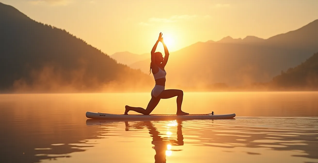Personne en position de yoga sur un paddle au lever du soleil sur un lac de montagne